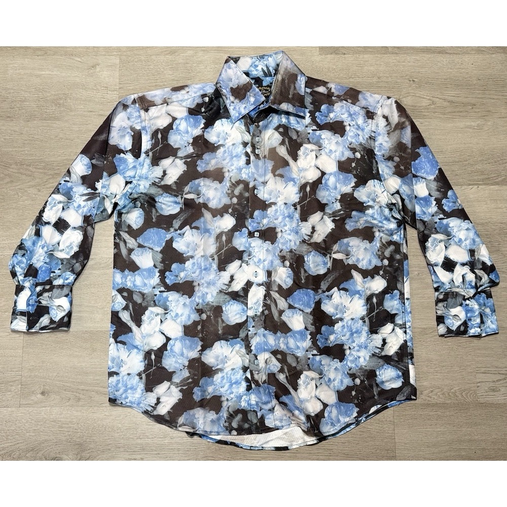 Daniel Ellissa Satin Floral Button Down Shirt Mens Size XL Long Sleeve Blue